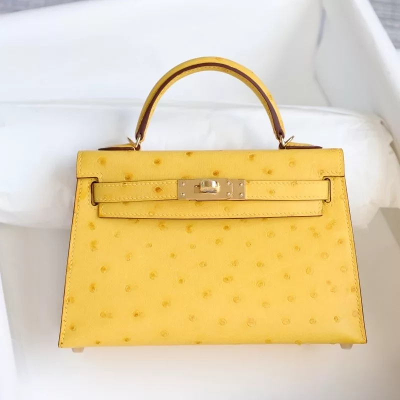 9V Jaune D or ostrich kelly mini with ghw
