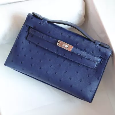 77 BIeu Iris ostrich kelly pochette with phw