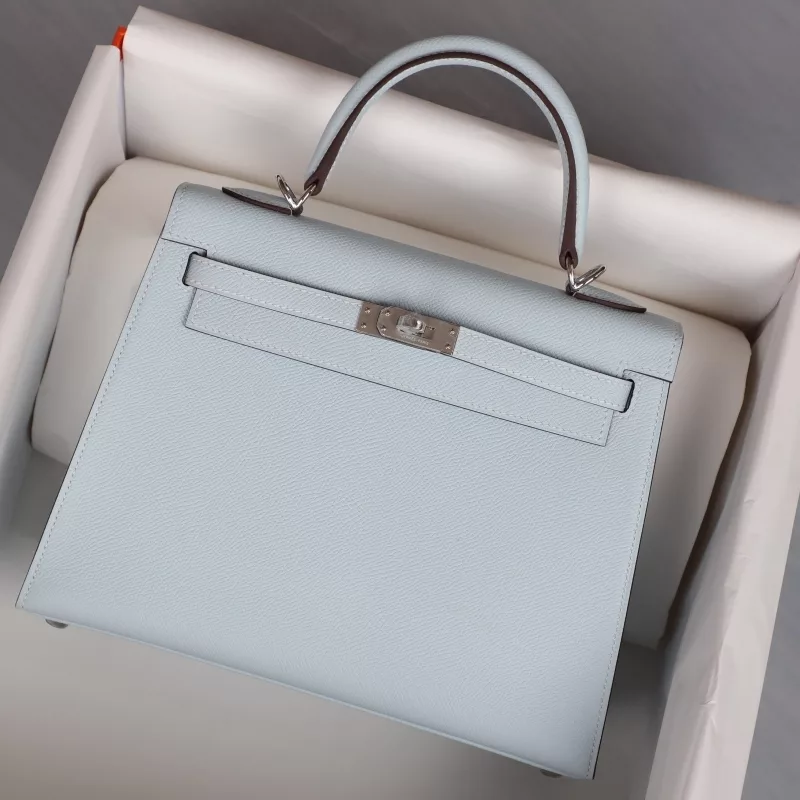 T0 Blue Brume Epsom Kelly 25 Sellier PHW With white&nbsp;stitching