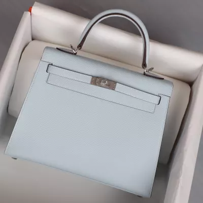 T0 Blue Brume Epsom Kelly 25 Sellier PHW With white&nbsp;stitching
