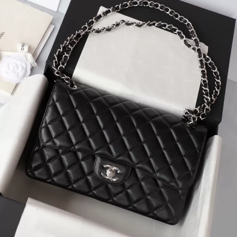Chanel Jumbo Classic Double Flap Bag Black Quilted Caviar Silver Hardware