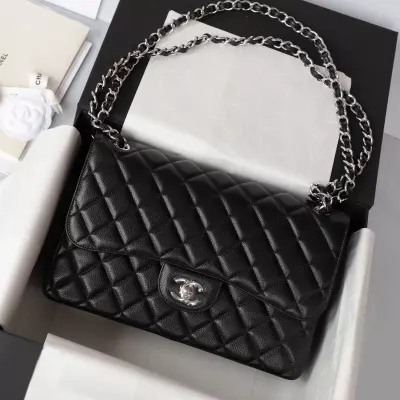 Chanel Jumbo Classic Double Flap Bag Black Quilted Caviar Silver Hardware