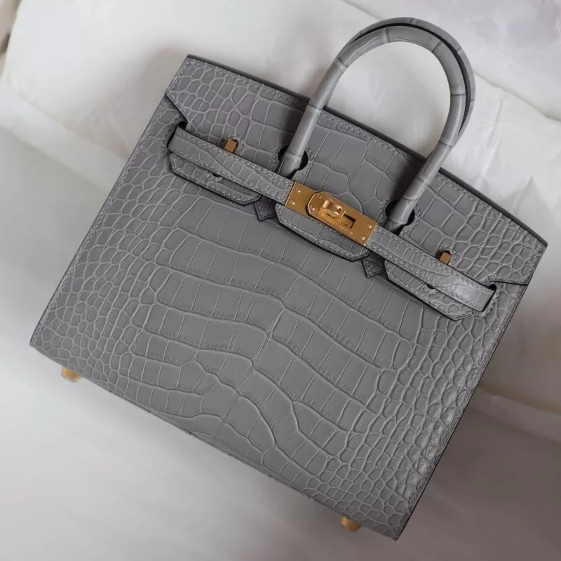 New 0v gris ciment mat croc birkin 20 ghw