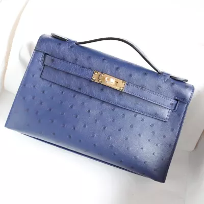 77 BIeu Iris ostrich kelly pochette with GHW