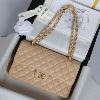 Chanel Medium Classic Double Flap Bag Apricot Quilted Caviar gold Hardware