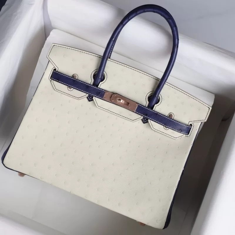 8L Beton and BIeu Iris ostrich birkin 25 with rose gold hardware