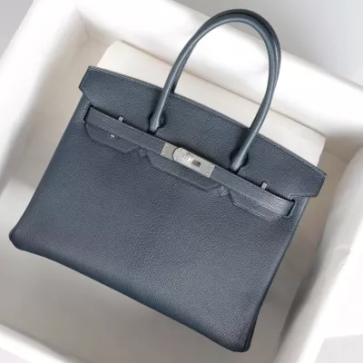 76 BIeu Indigo cherve mysore and mexico interior birkin 30 with brushed silver hardware