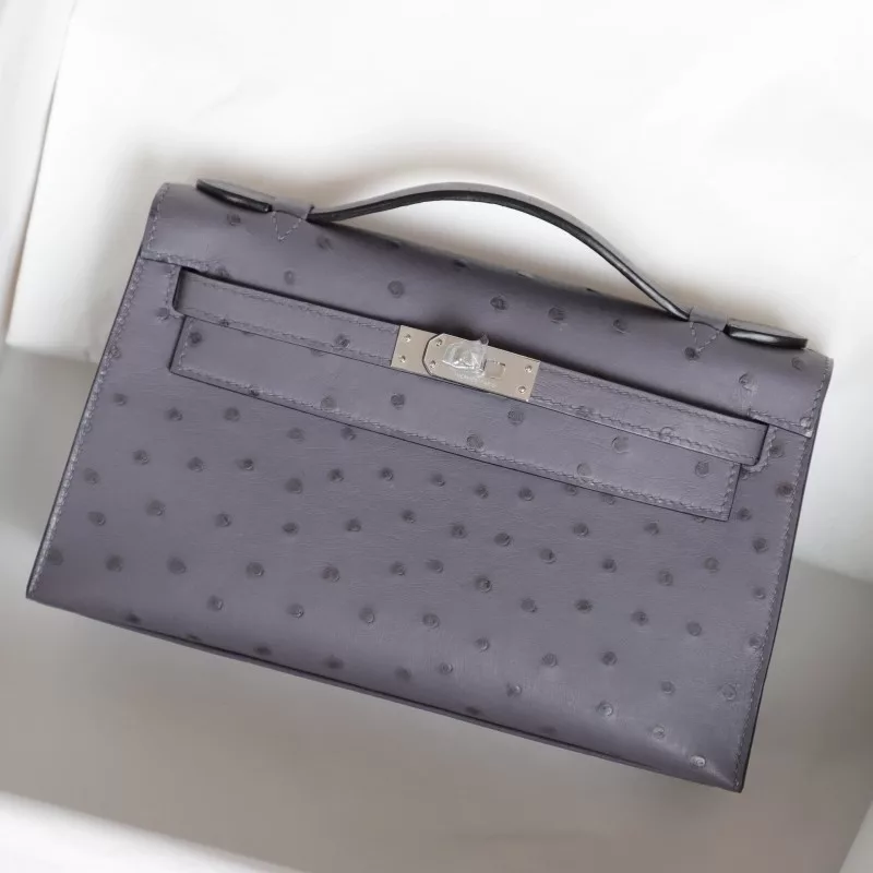 82 AgateGris  OSTRICH KELLY POCHETTE WITH PHW