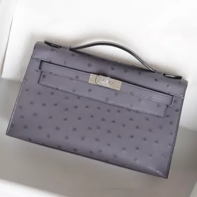 82 AgateGris  OSTRICH KELLY POCHETTE WITH PHW