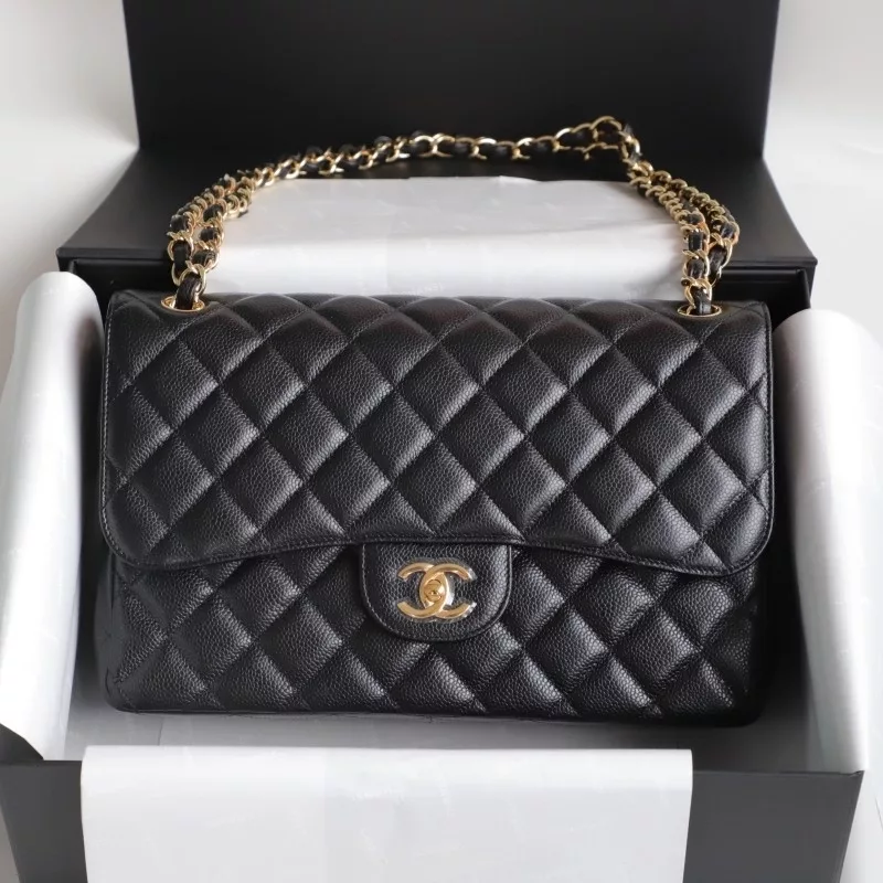 Chanel Jumbo Classic Double Flap Bag Black Quilted Caviar  Gold Hardware