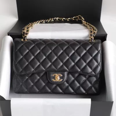 Chanel Jumbo Classic Double Flap Bag Black Quilted Caviar  Gold Hardware