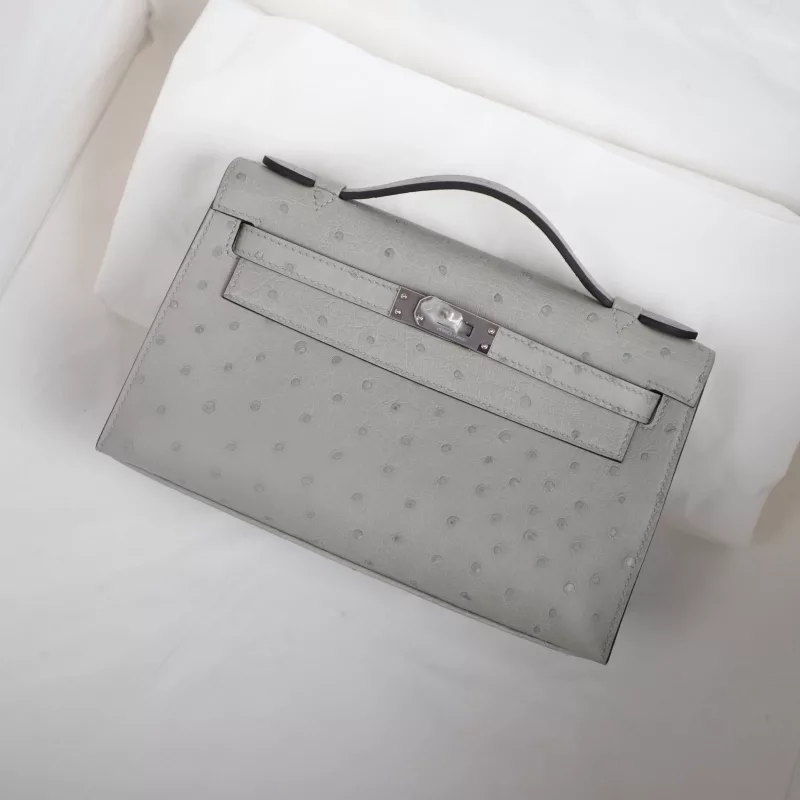 8U BIue GIacier Ostrich Kelly Pochette With Phw