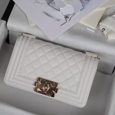 White Leboy 12*20*8.5cm Chanel Handbag With Light Gold Hardware