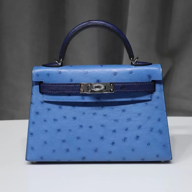 Mykonos and BIeu Iris ostrich kelly mini II with phw