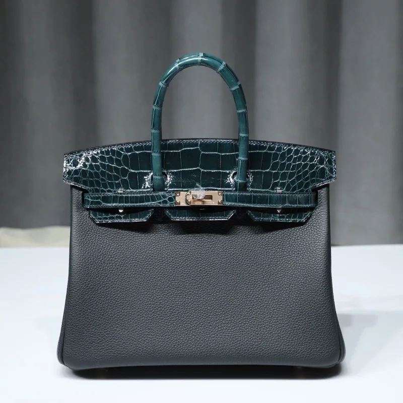 6O Vert Cypress togo and shiny aligator crocodile birkin 25 touch with rose ghw