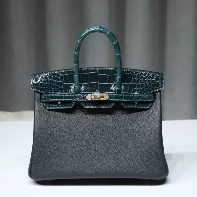 6O Vert Cypress togo and shiny aligator crocodile birkin 25 touch with rose ghw