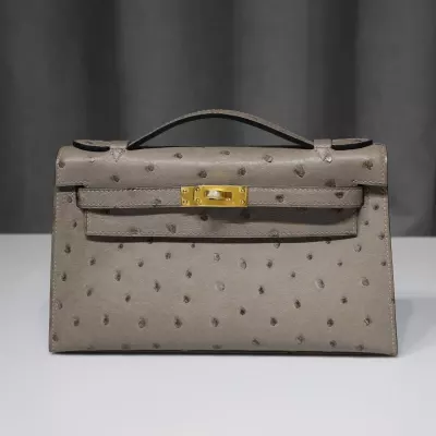M8 Gris AsphaIte ostrich kelly pochette with ghw