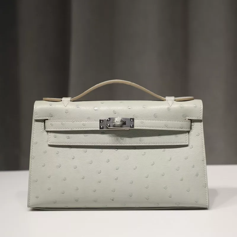 c80 gris pearl Ostrich Kelly Pochette With Phw
