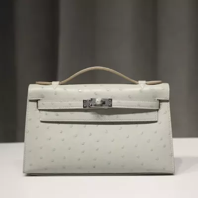 c80 gris pearl Ostrich Kelly Pochette With Phw