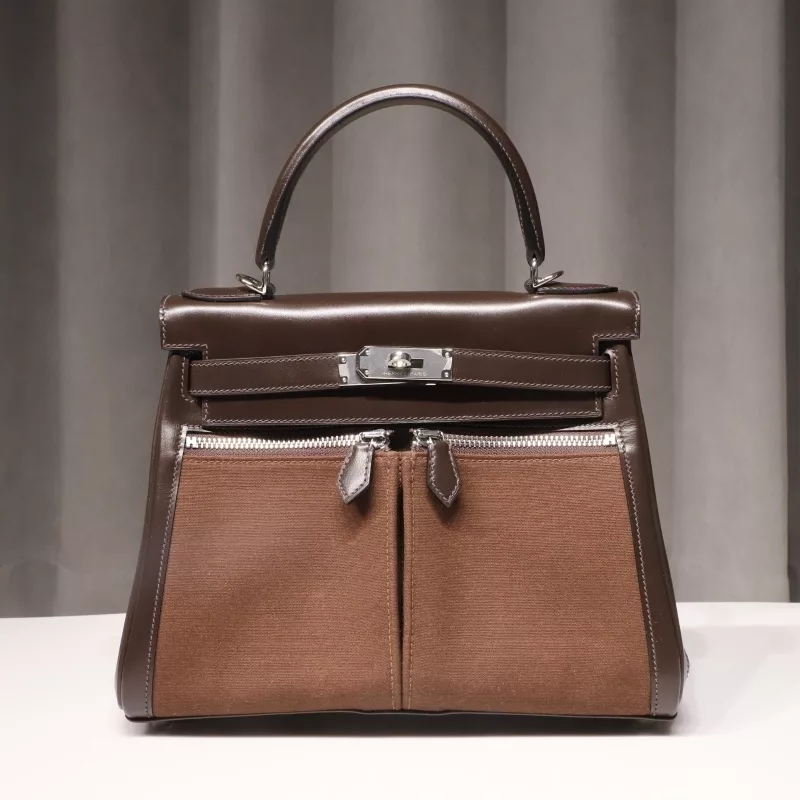 KELLY LAKIS 28 bag Ebene box calfskin leather and canvas Silver hardware