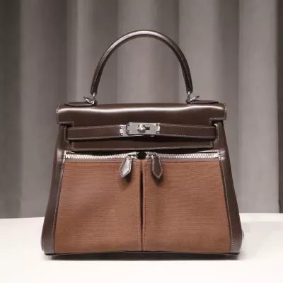 KELLY LAKIS 28 bag Ebene box calfskin leather and canvas Silver hardware