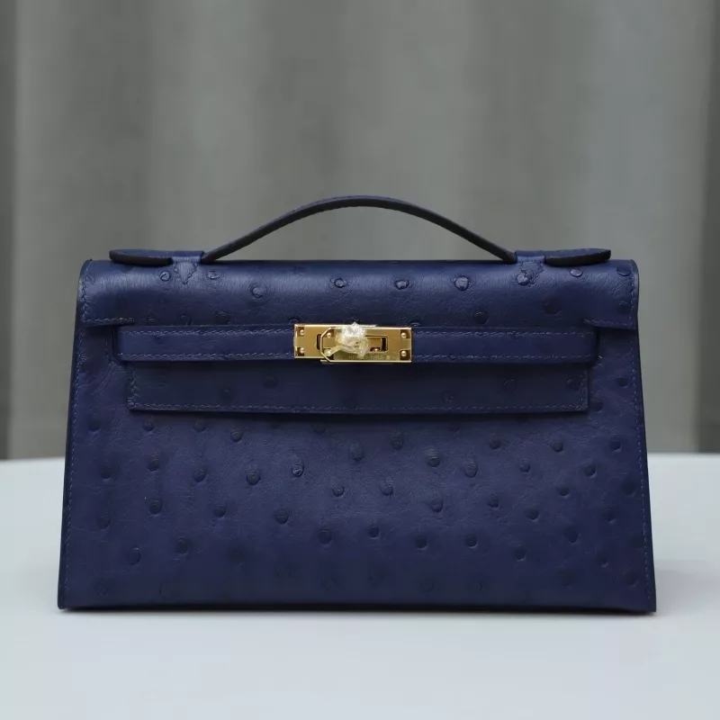 77 BIeu Iris Ostrich Kelly Pochette With GHW