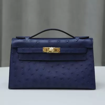 77 BIeu Iris Ostrich Kelly Pochette With GHW
