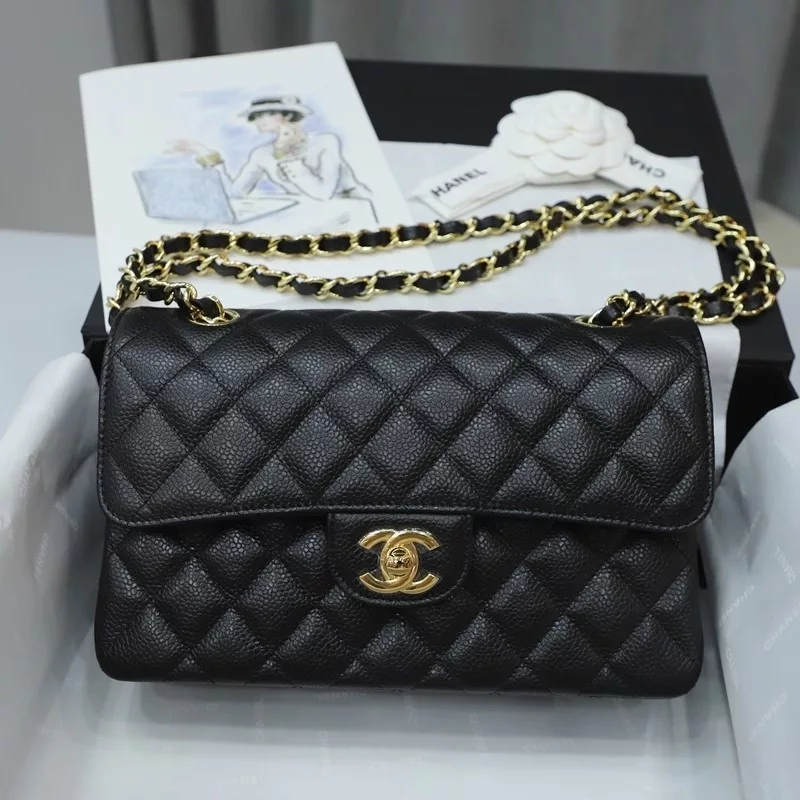 Chanel small Classic Double Flap Bag Black Quilted Caviar Gold Hardware