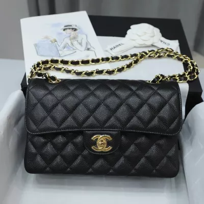Chanel small Classic Double Flap Bag Black Quilted Caviar Gold Hardware
