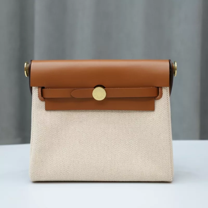 HERM&Egrave;S Herbag Zip Mini 20 Fauve (34) Beige Leather Canvas Gold hardware