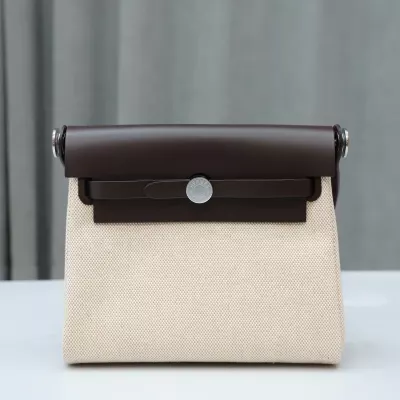 HERM&Egrave;S Herbag Zip Mini 20 Ebene (46) Beige Leather Canvas Palladium hardware