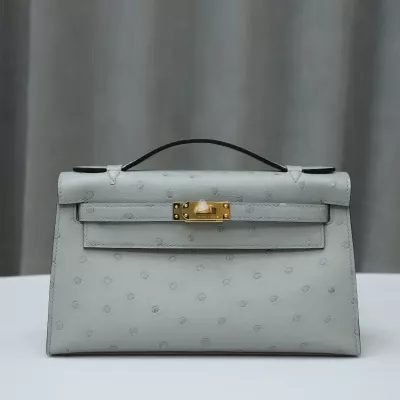 8U BIue GIacier Ostrich Kelly Pochette With GHW