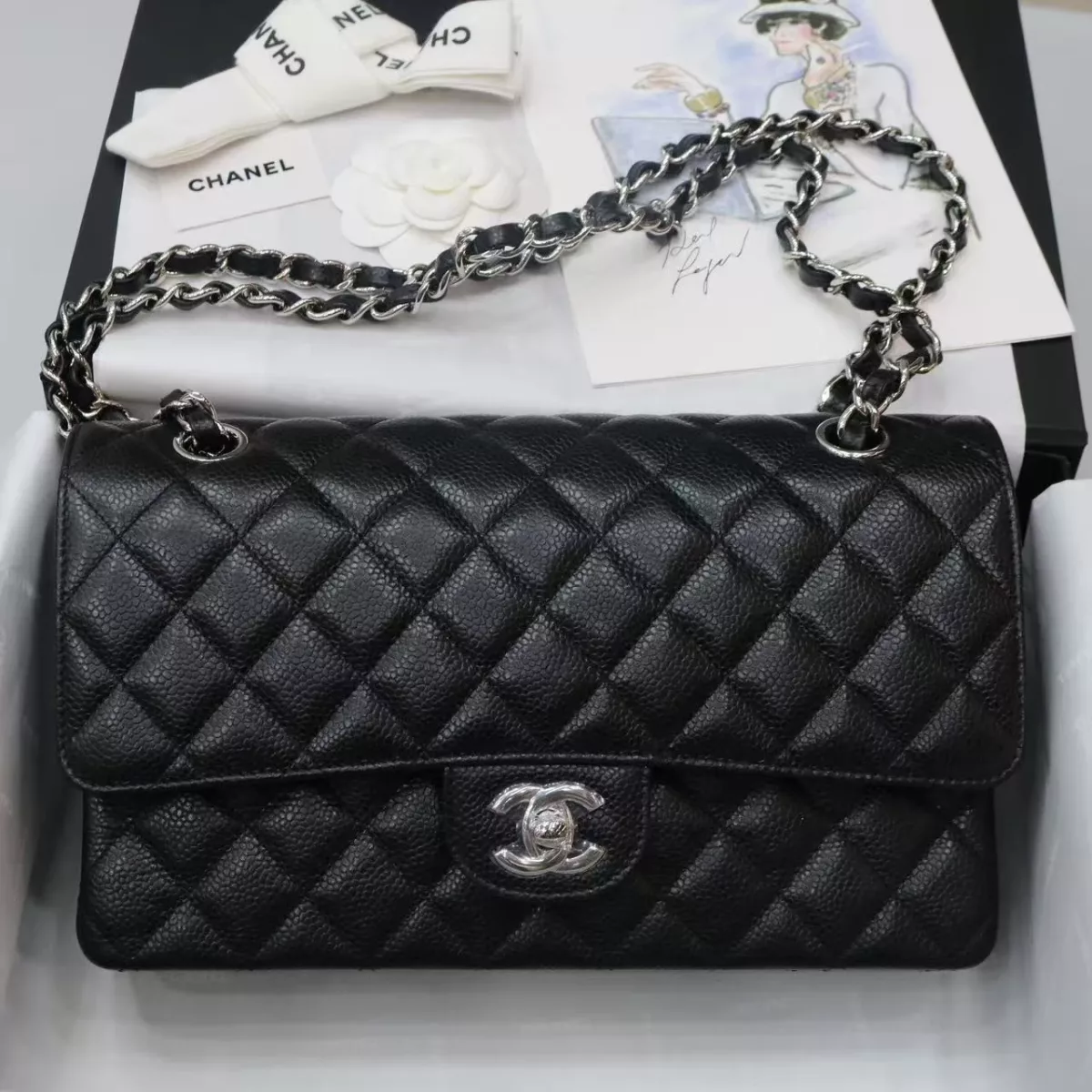 Chanel medium Classic Double Flap Bag Black Quilted Caviar Silver Hardware