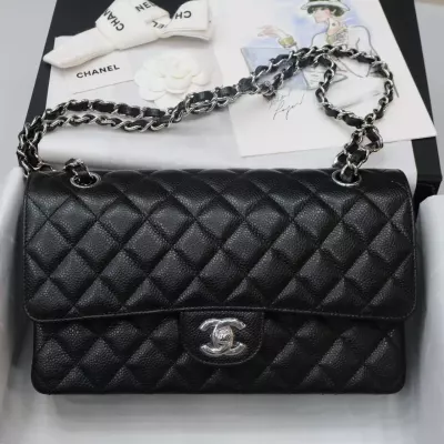 Chanel medium Classic Double Flap Bag Black Quilted Caviar Silver Hardware