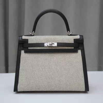 Limited Edition Black Swift and Ecru Toile Quadrille Sellier Kelly 25 Palladium Hardware