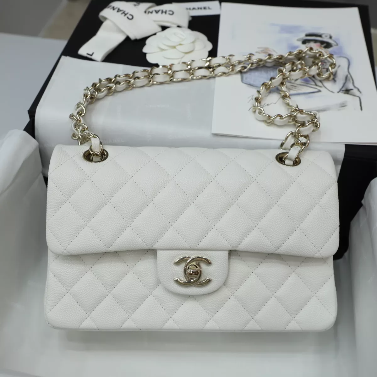 Chanel small Classic Double Flap Bag white Quilted Grained calfskin light Gold Hardware