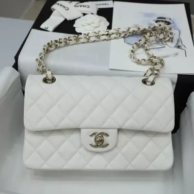 Chanel small Classic Double Flap Bag white Quilted Grained calfskin light Gold Hardware