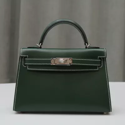67 Vert Fonce box calf Kelly Mini II Phw with contrast stitching