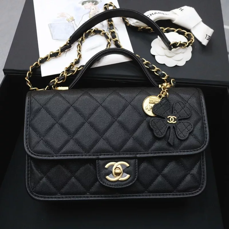 Chanel 25B Flap Bag Handle With Charm Black Grained calfskin gold-tone metal Size:16*25*8cm