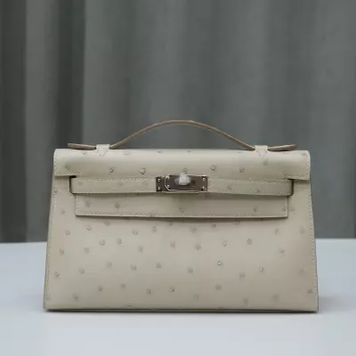 8L beton Ostrich kelly Pochette with PHW