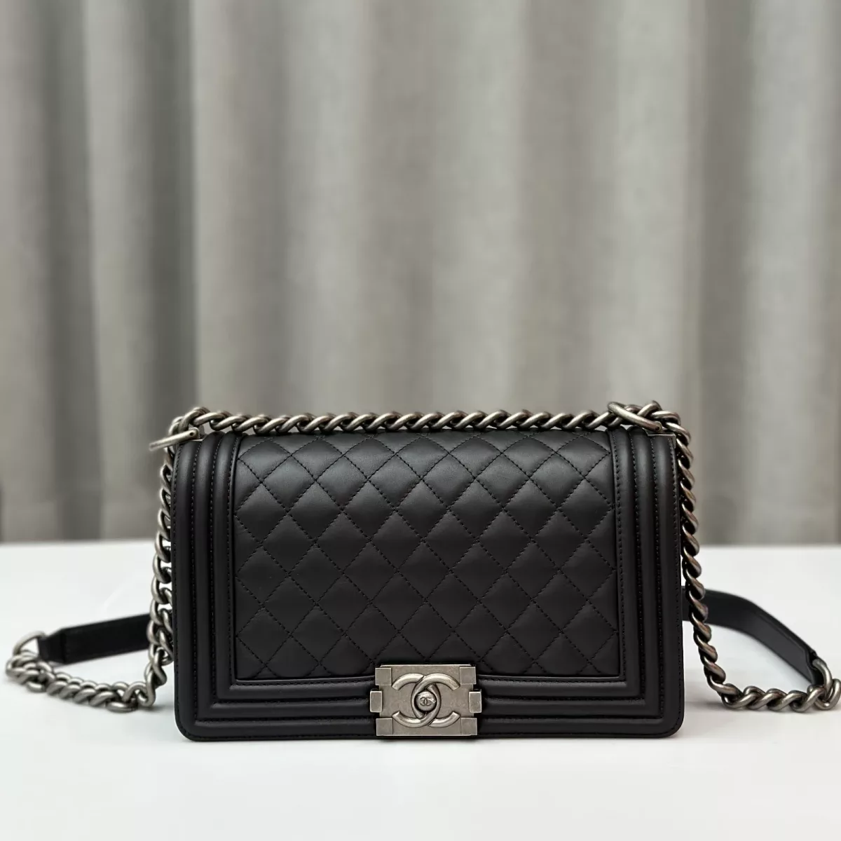 CHANEL Medium Boy Flap Leather Shoulder Bag Black