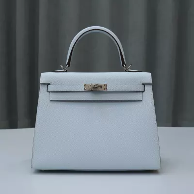 T0 Blue Brume Epsom Kelly 25 Sellier PHW With white stitching