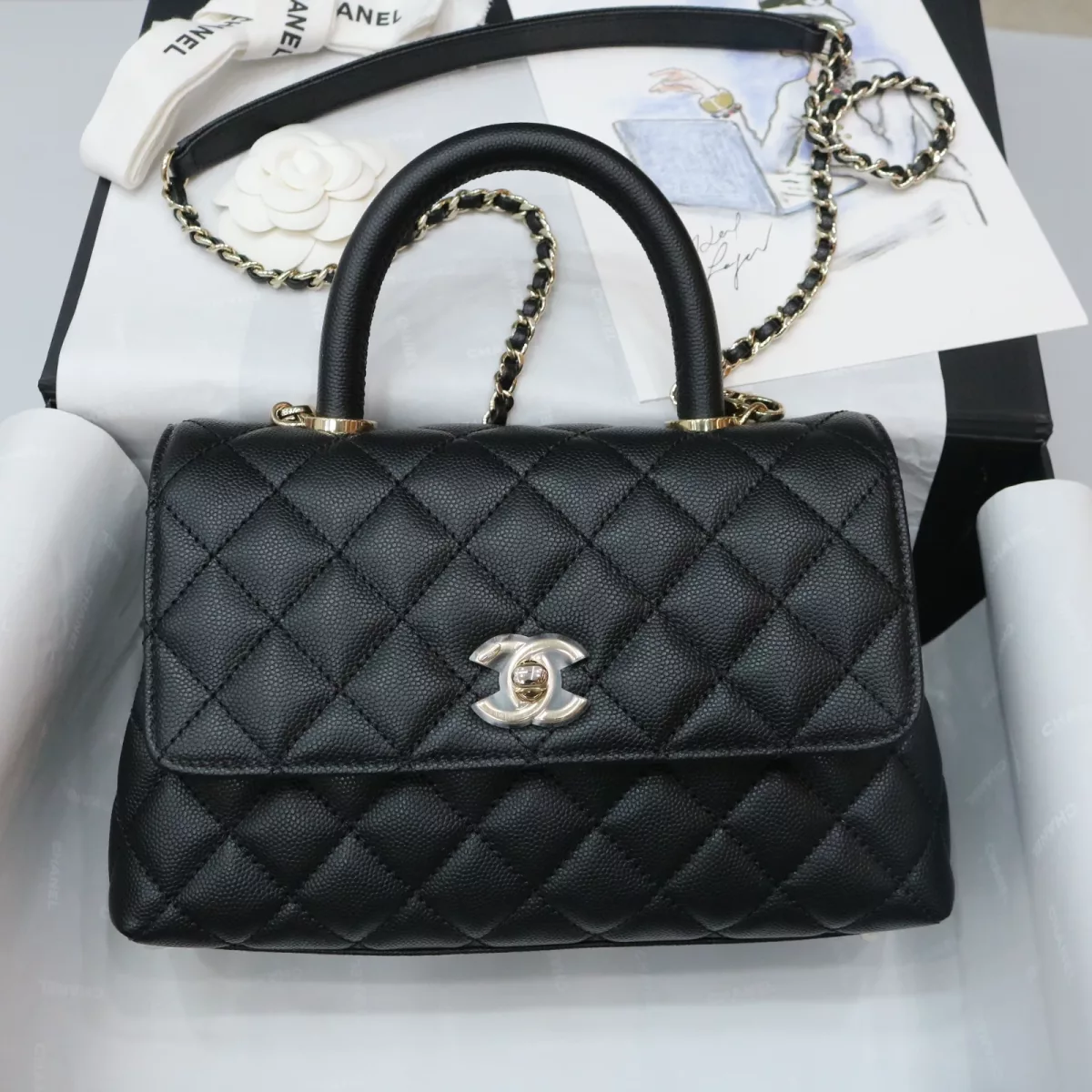 Caviar Quilted Mini Coco Handle Flap Black 14*24*10cm