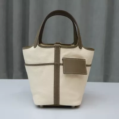 Herm&egrave;s Picotin Cargo 18 Ecru Toile Canvas and Etoupe Swift Gold Hardware