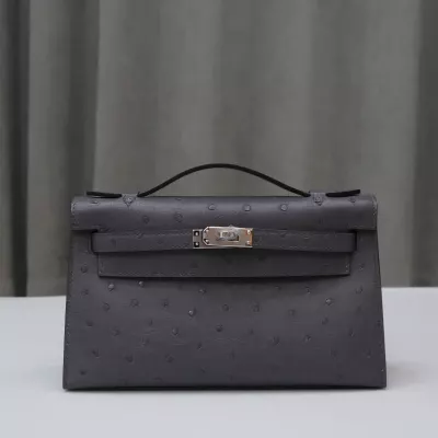 82 Gris Agate ostrich kelly pochette with PHW