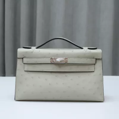 8U BIue GIacier Ostrich Kelly Pochette With Phw
