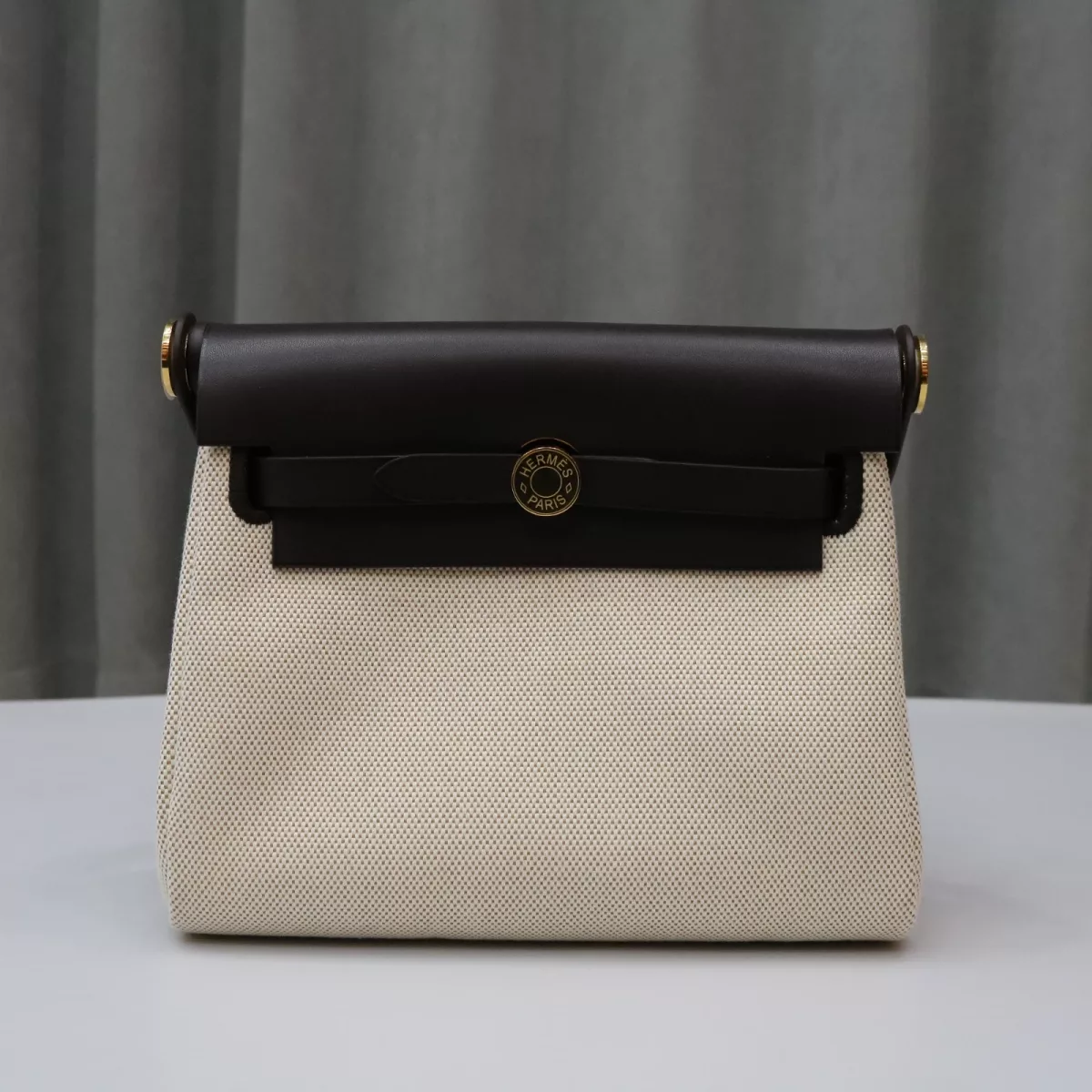 HERM&Egrave;S Herbag Zip Mini 20 Ebene (46) Beige Leather Canvas Gold hardware