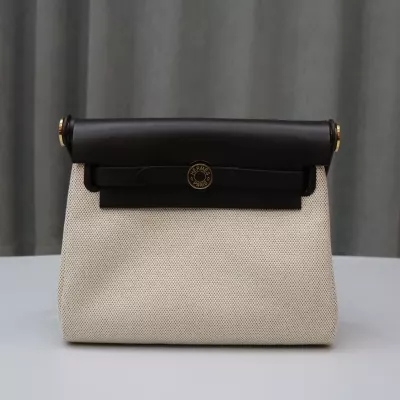 HERM&Egrave;S Herbag Zip Mini 20 Ebene (46) Beige Leather Canvas Gold hardware