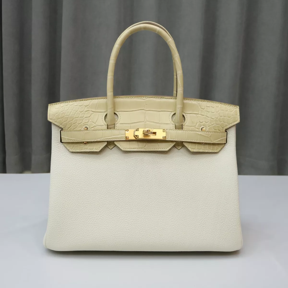 HERM&Egrave;S Birkin 30 Touch Vanille (Y1) Mushroom (0T) Matte Alligator Togo Gold hardware