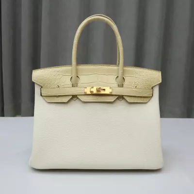 HERM&Egrave;S Birkin 30 Touch Vanille (Y1) Mushroom (0T) Matte Alligator Togo Gold hardware